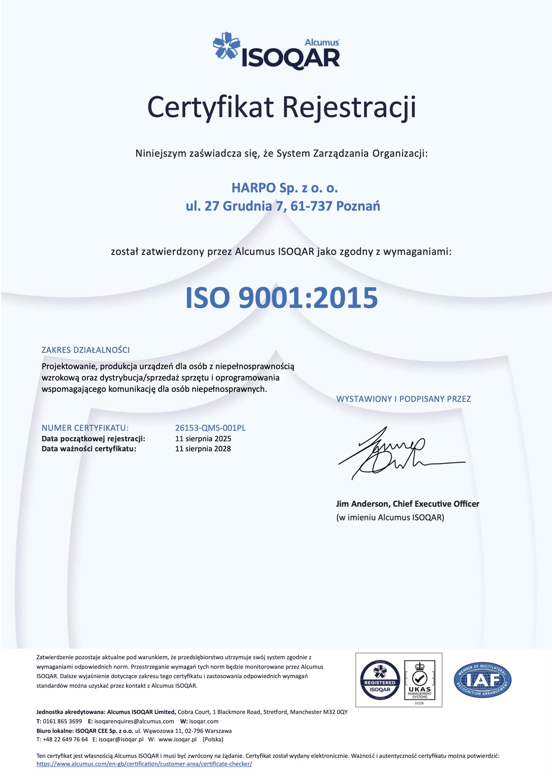 Zatwierdzenie certyfikatu ISO 9001